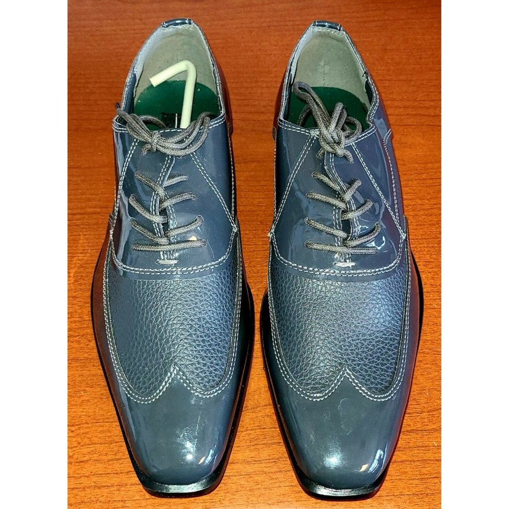 Frederico Leone Mens Manhattan Shiny Gray Patent Dress Shoes Lace-Up Wingtips 8½